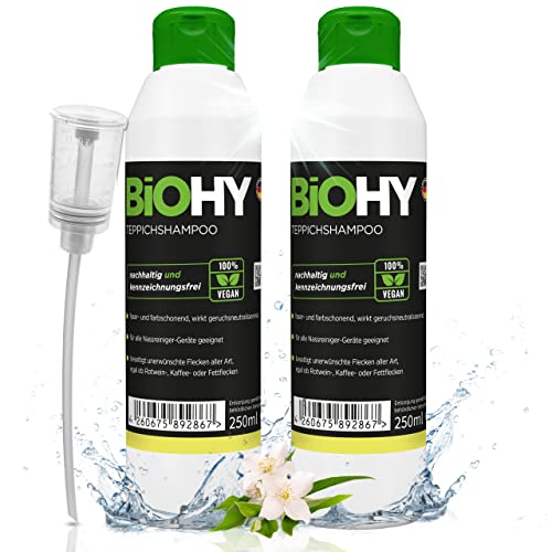 BiOHY Teppichshampoo (2x250ml Flasche) + Dosierer | Teppichreiniger ideal zur Entfernung von hartnäckigen Flecken | SPEZIELL FÜR WASCHSAUGER ENTWICKELT