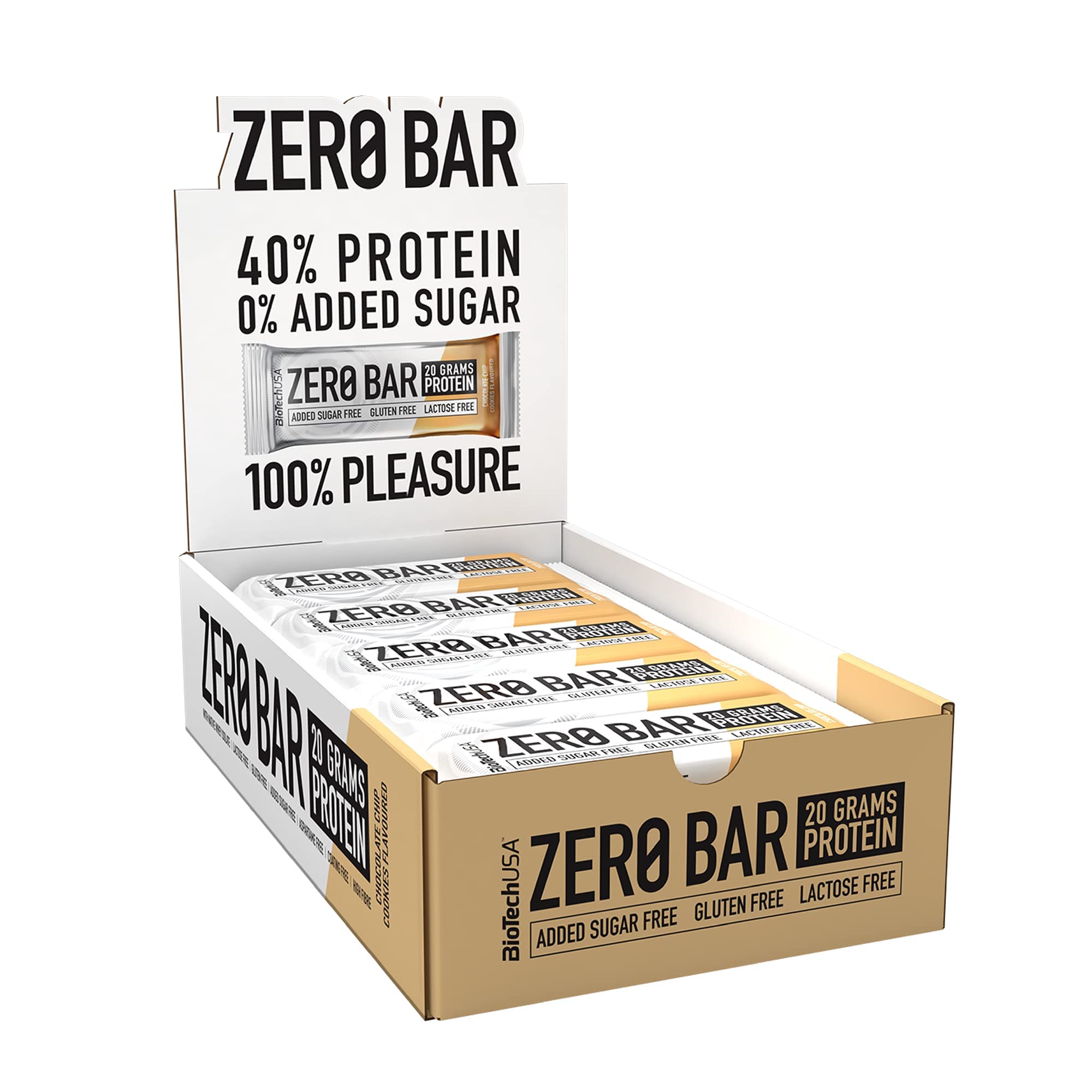 BioTechUSA Zero Bar Protein Snack - Zuckerarm & Laktosefrei | Knusprige Textur | Leckere Geschmacksrichtungen | Ideal für Diäten & Workouts, 20 * 50 g, Chocolate Chip Cookies