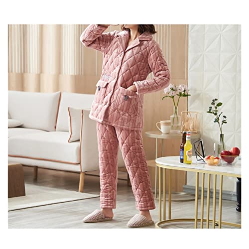 Frauen gebürstet Mikrofaser-Pyjamas Herbst- und Winter-Korallen-Fleece verdickt und Velvet Dreischichtige gesteppte Flanell-Homewear-Anzug (Color : Pink, Size : 3XL)