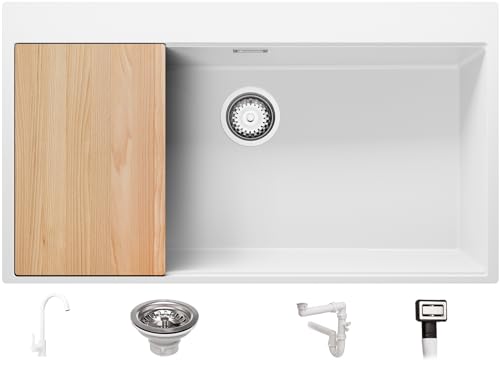 Spülbecken Weiß 88x50 cm, Granitspüle 1 Becken + Ablauf-Set + Küchenarmatur, Küchenspüle ab 90er Unterschrank, Einbauspüle von Primagran
