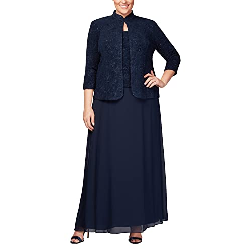 Alex Evenings Damen Plus Size Long Dress with Mandarin Neckline Jacket Kleid für besondere Anlässe, Navy, 50 Mehr