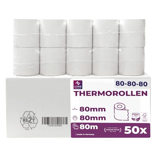 Thermorollen 80mm x 80m x 12mm - Kassenrollen - Bonrollen für Registrierkasse mit Bondrucker - Thermopapier – BPA Frei (Large 80x80x12 - 80 Meter - 50 Rollen)