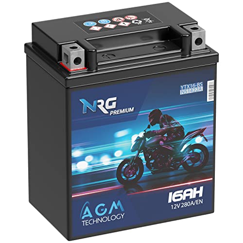 NRG Premium YTX16-BS AGM Motorradbatterie 16Ah 12V 280A/EN ersetzt 14Ah 15Ah Batterie 51422 YTX16-4 YTX16BS ETX16-BS auslaufsicher wartungsfrei
