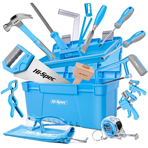 Hi-Spec 25-teiliges Werkzeugset für Anfänger mit Werkzeugkasten, Holzschnitzwerkzeug, Holzmeißel und Holzhammer, Handsäge, Bügelsäge und mehr für Kinder und junge Tischler