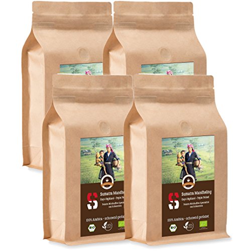 Kaffee Sumatra Mandheling Highland - Bio - 4 x 1000 g Ganze Bohne - für Kaffee-Vollautomat, Kaffeemühle - Röstkaffee aus biologischem Anbau | Gastropack Sparpack