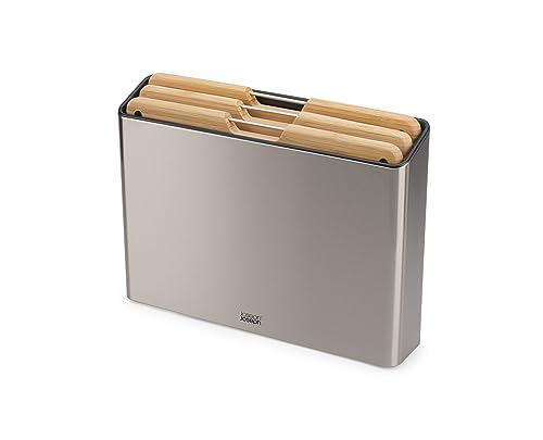 Joseph Joseph Folio Premium 3-Piece Chopping Board Set, Slimline Case for Organised Kitchen Storage, Large, Stainless Steel and Bamboo