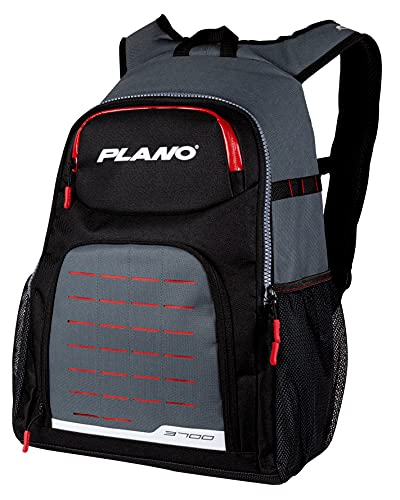 Plano Weekend Series 3700 Rucksack, grau mit roten, schwarzen und weißen Akzenten, inklusive 2 3700 verstaubaren Utility Boxen, Premium Tackle Storage, Soft Tackle Aufbewahrungstasche
