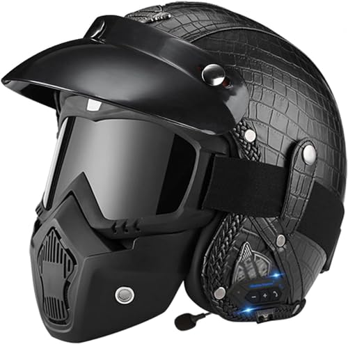 Bluetooth Jethelme Motorradhalbhelm Rollerhelm Scooter Sturzhelm Chopper Helm Motorradhelm Halbschalenhelm DOT/ECE Approved mit Brille Sonnenblende für Damen Herren Erwachsene 19,L