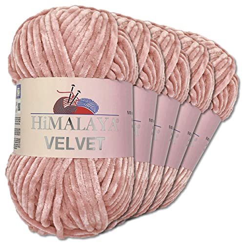 Wohnkult Himalaya 5 x 100 g Velvet Dolphin Wolle 40 Farben zur Auswahl Chenille Strickgarn Glanz Flauschgarn Accessoire Kleidung (90049 | Altrosa)