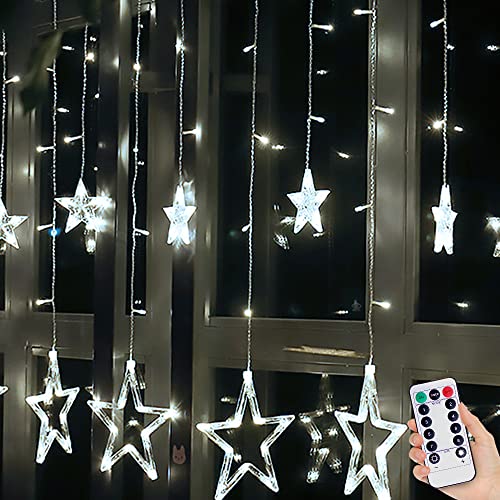 12 Sterne LED Lichterkette,138 LEDs Lichtervorhang Weihnachtslichter Sternenvorhang mit Fernbedienung,8 Modi, USB Aufladung Für Innen Außen,Weihnachten,Party,Hochzeit, Garten, Balkon(kaltweiß)