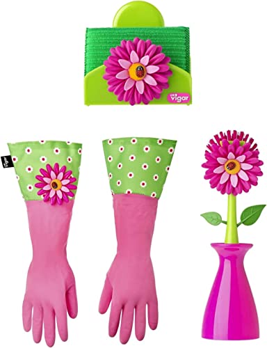 Vigar - 3-teiliges Küchenset - Handschuhe, Bürste mit Halter und Schwammhalter - 12,5 x 7,5 x 18 cm - Flower Power - Latexhandschuhe - Grün, Rosa