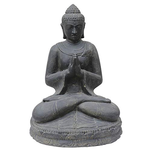 STONE art & more Sitzende Buddha Figur Begrüßung, 80cm, Steinfigur, Steinguss, schwarz antik, Garten Deko, frostfest