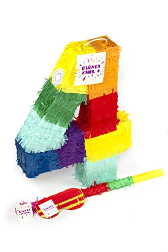 Trendario Zahl 4 Pinata Set, Pinjatta + Stab + Augenmaske, Ideal zum Befüllen mit Süßigkeiten und Geschenken - Piñata für Kindergeburtstag Spiel, Geschenkidee, Party, Hochzeit