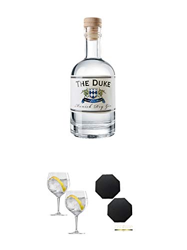 The Duke München Dry Gin Bio 10 cl + Spiegelau Gin & Tonic 4390179 2 Gläser + Schiefer Glasuntersetzer achteckig 2 x ca. 9,5 cm Durchmesser
