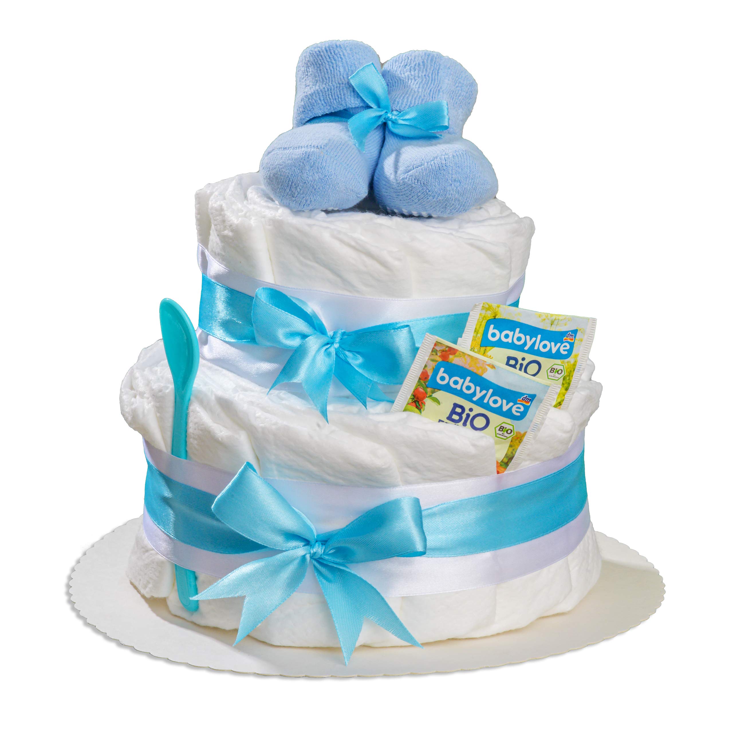 Windeltorte 2 stöckig in Blau mit Babysocken für Junge, Pinkelparty Geschenke zur Geburt, Taufe oder Baby-Party - Geschenkidee mit neugeborene Windeln - Inkl. Glückwunschkarte