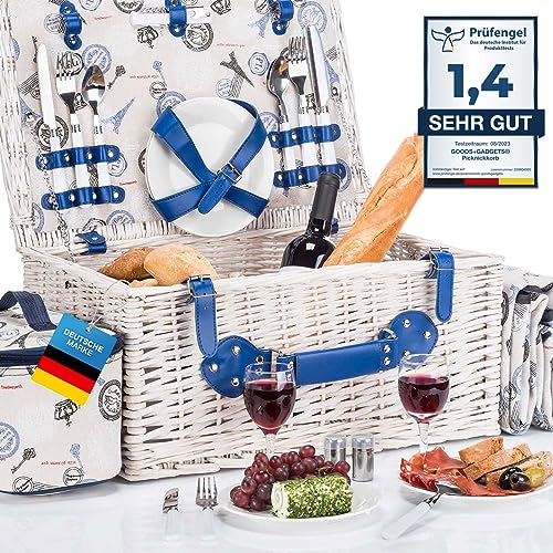 GOODS+GADGETS Picknickkorb für 4 Personen - Luxus Weidenkorb für Picknick mit Picknickdecke und Kühltasche