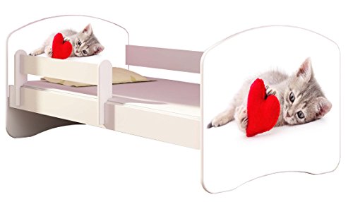 Kinderbett Jugendbett mit einer Schublade und Matratze Weiß ACMA II 140 160 180 40 Design (160x80 cm, 40 Katze mit Herz)