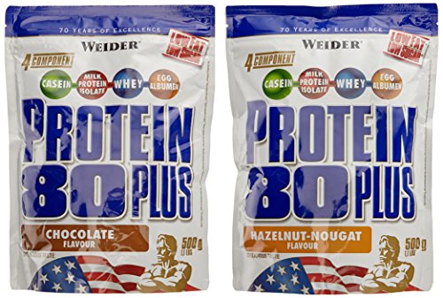 WEIDER Protein 80 Plus Eiweißpulver, 2 Pack Mixed, Schoko/Haselnuss-Nougat, Low-Carb, Mehrkomponenten Casein Whey Mix für Proteinshakes, 2x500g