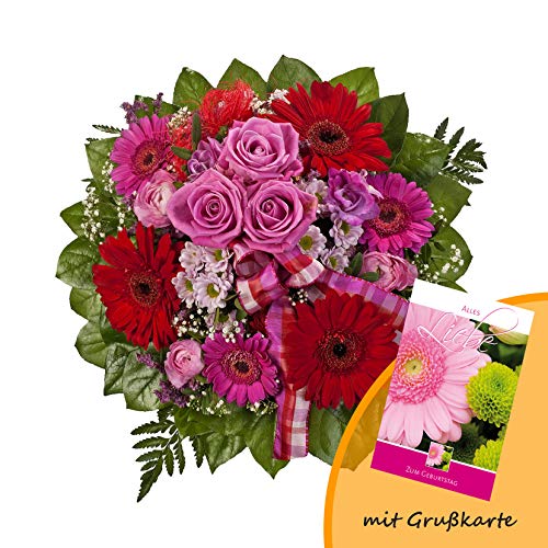 Dominik Blumen und Pflanzen, Blumenstrauß "Falling in Love" mit Rosen, Gerbera und Freesien und Grußkarte "Geburtstag"