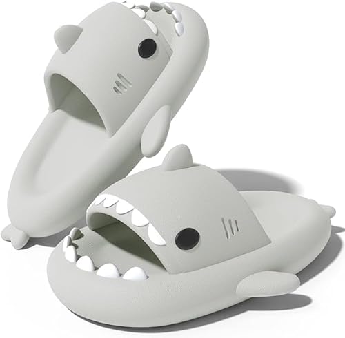 YBRAVO Shark Slippers, Cute Shark Sliders for Women Men, Summer Quick Dry Open Toe Sandals, Quick Dry Shower Sandals, Open Toe Cute Cartoon Chunky Sliders Indoor Outdoor (10.5-11Women/9-10Men,Gray)