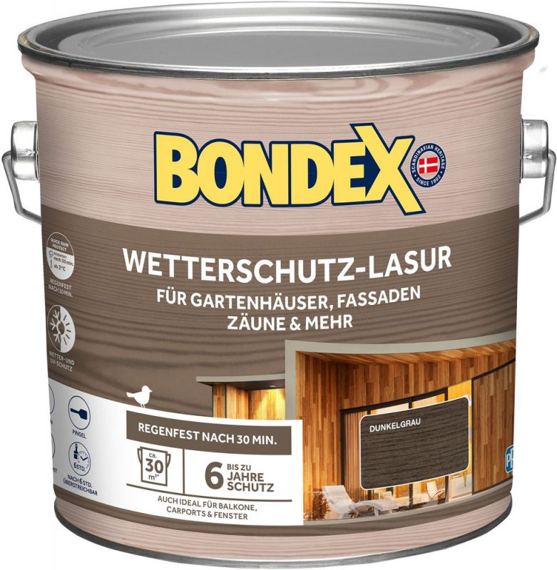 Bondex Wetterschutz Lasur Dunkelgrau 2,5 L für 30 m² | Tropf- und Spritzgehemmt | Exzellenter UV-Schutz | Sichere Anwendung ab 2 °C | seidenmatt | Wetterschutzlasur | Holzlasur