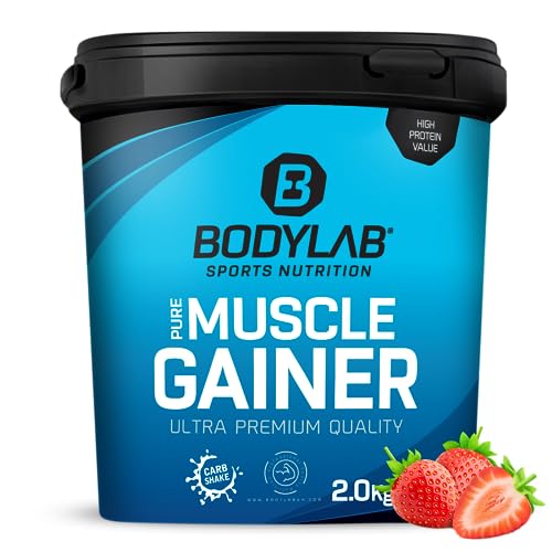 Bodylab24 Pure Muscle Gainer | 2kg | Erdbeere | Wertvolle Nährstoffe mit reichlich Kalorien für Deine Massephase