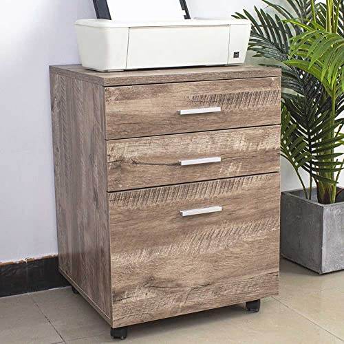 BAKAJI Kommode Schreibtisch Büro Holz MDF Druckschrank 3 Schubladen Taupe, Metall, Standard