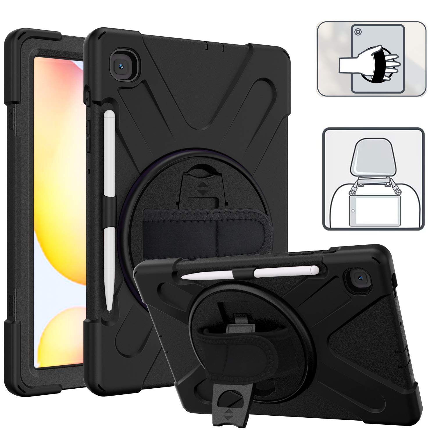 YGoal Schutzhülle für Galaxy Tab S6 Lite, Handschlaufe, Schultergurt, strapazierfähig, robust, sturzsicher, für Samsung Galaxy Tab S6 Lite 10.4 P615/P610, Schwarz