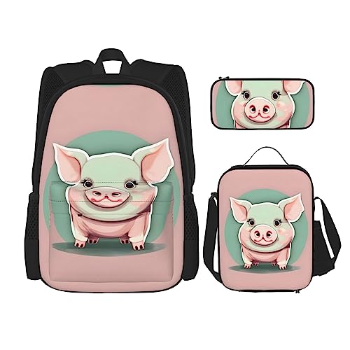 OdDdot 3-teiliges Rucksack-Sets, bedruckter süßer Affen-Rucksack mit Lunchbox und Federmäppchen, Rucksack mit großer Kapazität, Büchertasche, Niedliches langes Ohrschwein, Einheitsgröße