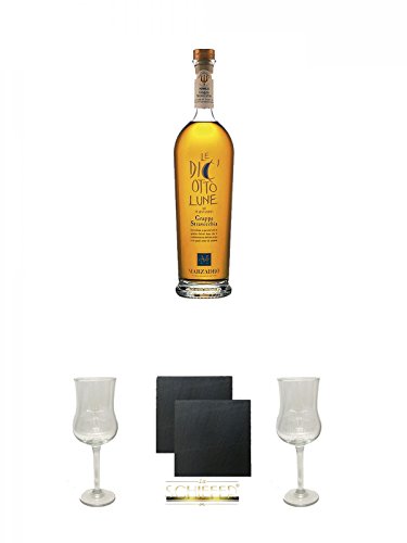 Marzadro Grappa 18Lune 0,2 Liter + Marzadro Grappa Gläser mit Eichstrich 2cl und 4cl 1 Stück + Schiefer Glasuntersetzer eckig ca. 9,5 cm Ø 2 Stück + Marzadro Grappa Gläser mit Eichstrich 2cl und 4cl 1 Stück