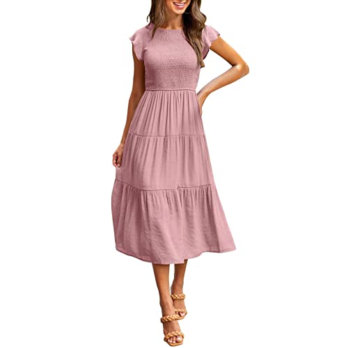 DYXIA Damen Flutter Kurzarm gesmoktes Midikleid Sommer lässig abgestuftes Kleid in A-Linie (Color : Rosa, Größe : M)