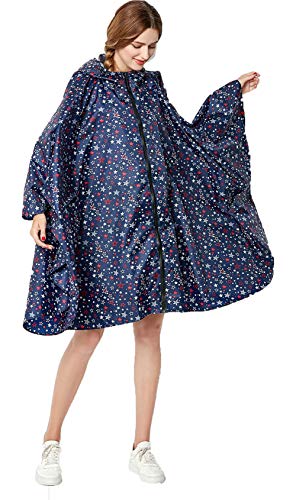 NUUR Damen Regenponcho Regenmantel Unisex Regenjacke Wasserdicht Regencape Wiederverwendbar mit Kapuze Blau Sterne