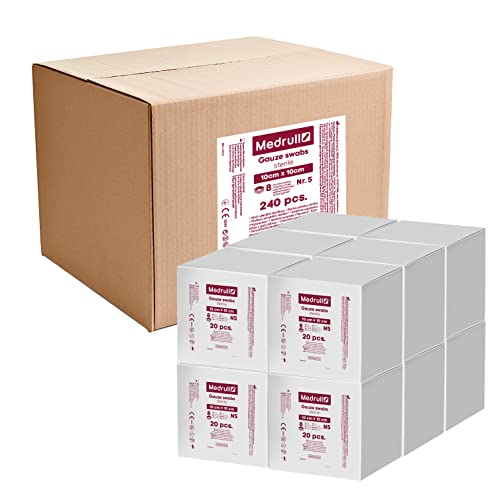 Medrull Mulltupfer - Steril - Nicht klebende Wundauflagen - Extra saugfähig - 8-lagig- 10 x 10 cm - Verpackt 5 Stück - 20 Papierbeuteln/box x 12 boxes