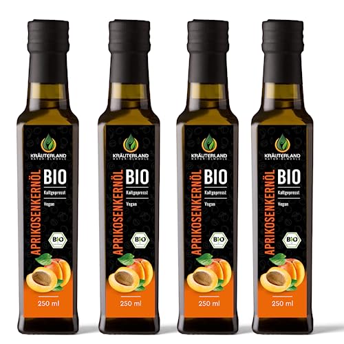 Kräuterland Bio Aprikosenkernöl 1L - 4x 250ml Aprikosenöl kaltgepresst & naturrein, mild nussig - Speiseöl zum Kochen & Backen, als veganer Butterersatz - in Premium Qualität