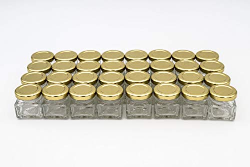 Flaschenbauer - 32 Mini Einmachgläser klein 40 ml Vierkant Gläser mit Schraubverschluss to 43 Gold - Mini Gläser mit Deckel perfekt als Mini Marmeladengläser klein, Honiggläser Mini