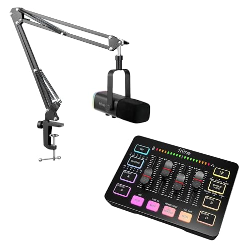 FIFINE XLR Streaming Mikrofon mit Arm AM8T und Gaming Audio Mixer SC3, USB Dynamisch Microphone Gaming PC für Podcast Studio, Streaming RGB PC Mixer mit XLR Mikrofon Interface