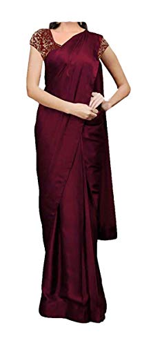 ABN Fashion Traditionelles Satin-Wickelkleid für Damen, Diwali-Geschenk, Sari mit ungenähter Bluse - Rot - Einheitsgröße