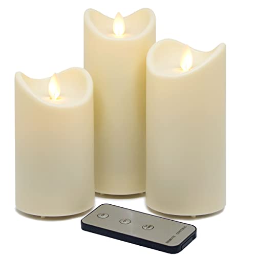 Tronje LED Outdoor Kerzen - 3er Set mit Timer u. Fernbedienung - 13/15/18cm Stumpenkerzen Creme - beweglicher Flamme - IP44 UV Hitzebeständig