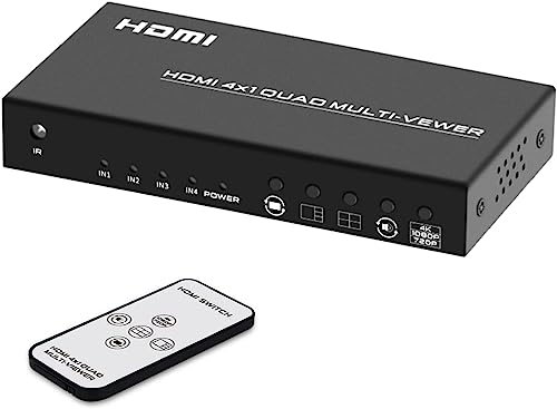 HDMI Switch 4 x 1 Quad Multiviewer, 4K HDMI Seamless Switch mit IR-Ontrol, 5 Viewing Modi, Unterstützung 3D 4K 1080p 720p für Security Camera/Xbox/PS4/PC/HDTV