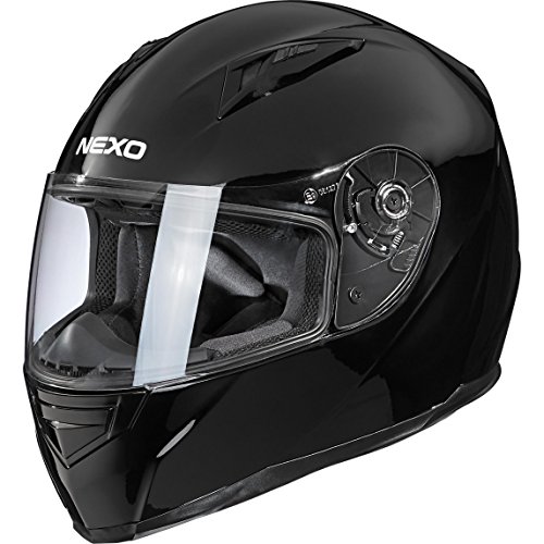 Nexo Integralhelm Motorradhelm Helm Motorrad Mopedhelm Basic II, herausnehmbares Komfortpolster, Be- und Entlüftung, Nasen-, Kinnwindabweiser, klares Visier, Ratschenverschluss, Schwarz, M