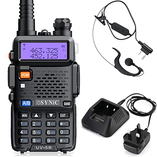 eSynic 1 x UV-5R Dual Band VHF/UHF mit LED-Display, 128 Speicherkanäle, wiederaufladbar, Radio-Funktion, unterstützt VOX für Baustellen, Outdoor-Aktivitäten usw. mit UK-Stecker-Ladestation