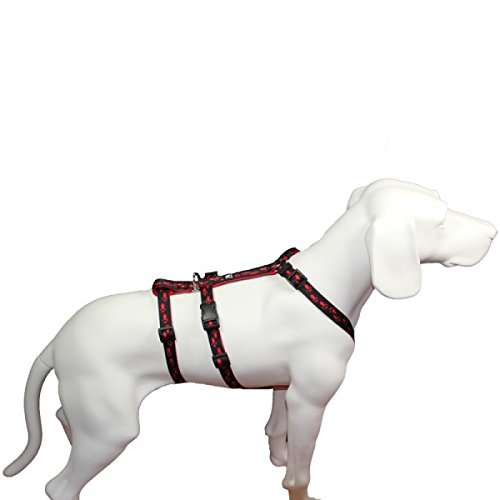 Das Original - NoExit Hundegeschirr ® - 100 % ausbruchsicher für Angsthunde, Sicherheitsgeschirr für Pflegehunde, Panikgeschirr, schwarz mit roten Pfötchen, Bauchumfang 35-50 cm, 15 mm Bandbreite