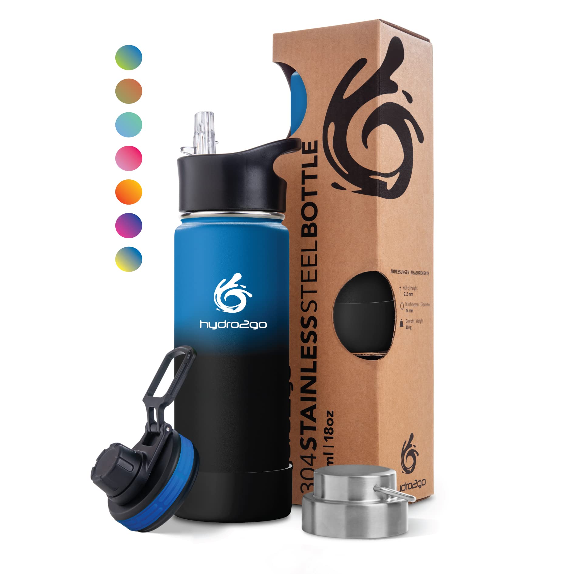 hydro2go ® Trinkflasche aus Edelstahl 0.5/1 Liter - für Kinder, Schule, Sport, Fitness & Outdoor | Edelstahlflasche BPA-frei + 3 Trinkverschlüsse | 100% Auslaufsicher