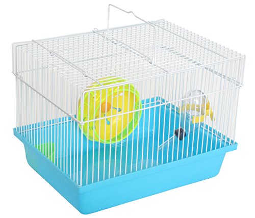YML Single Story Dwarf Hamster Cage with Small Wheel/Dish and Water Bottle/Plastic Base, Blue, 10.5" x 8" x 7.75"
