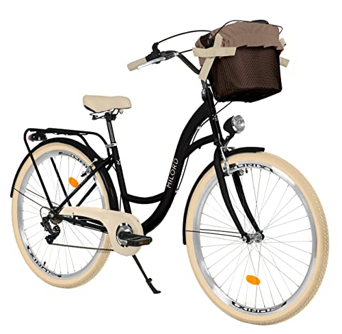 Milord Komfort Fahrrad mit Korb Hollandrad, Damenfahrrad, Citybike, Retro, Vintage, 26 Zoll, Schwarz-Creme, 7-Gang Shimano