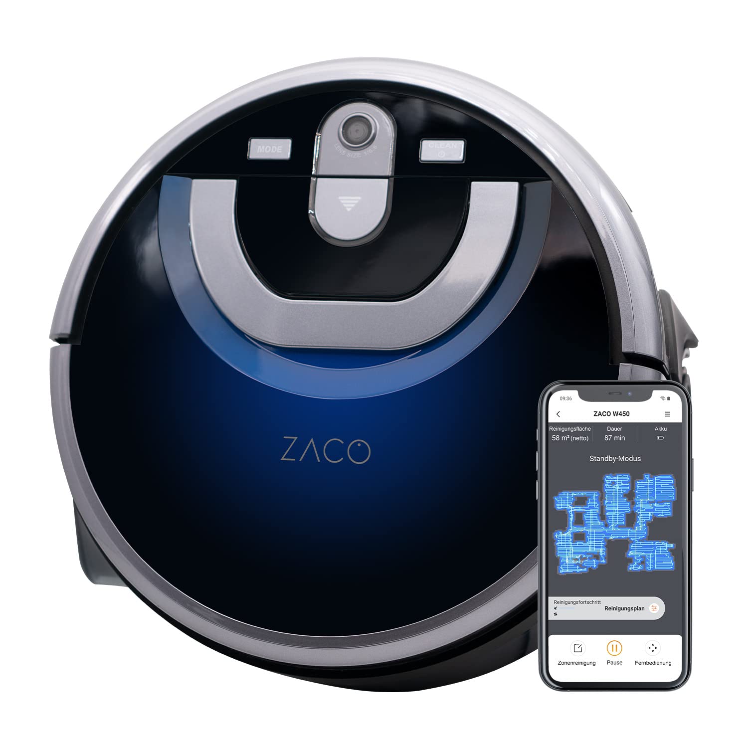 ZACO W450 Wischroboter mit getrennten Frisch- & Schmutzwassertank, bis 80 Min Nass wischen, automatischer Wischer für Hartboden, Holzboden & Parkett, intelligente Navigation, App & Alexa Steuerung