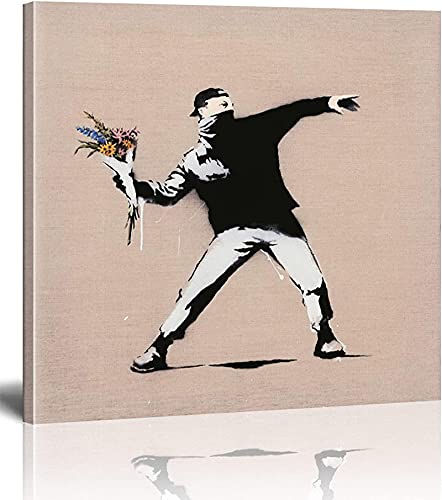 Willion Bilder,Banksy Art, Street Graffiti Art,Bilder sind auf Leinwand gedruckt,（Rage the Flower Thrower）,Posterdrucke,Wandkunst,Wohnzimmer Home Decor (40X40cm/16x16inch) Interner Rahmen