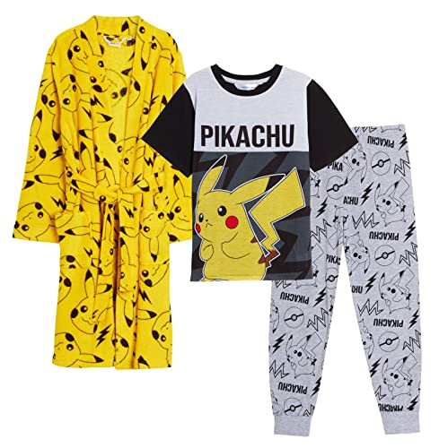 Pokemon Jungen Schlafanzug + Bademantel Kinder Pikachu passendes Nachtwäsche-Set Pjs + Morgenmantel, mehrfarbig, gelb, 110