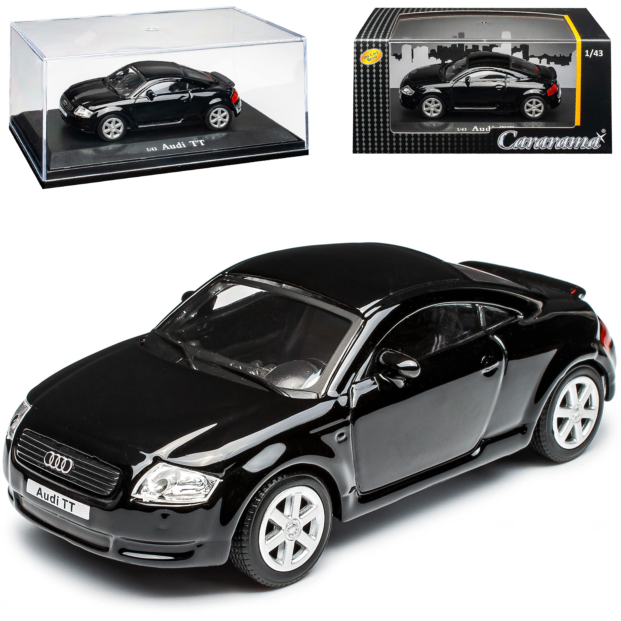 Cararama A*U*D*I TT 8N Coupe Schwarz 1. Generation 1998-2006 mit Sockel und Vitrine 1/43 Modell Auto mit individiuellem Wunschkennzeichen