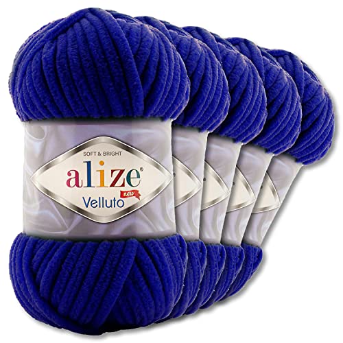 Wohnkult Alize 5x100 g Velluto Premium Wolle 30 Auswahl Chenillegarn Samtwolle Amigurumi Decken Accessore Kleidung DIY (360 | Dunkelblau)